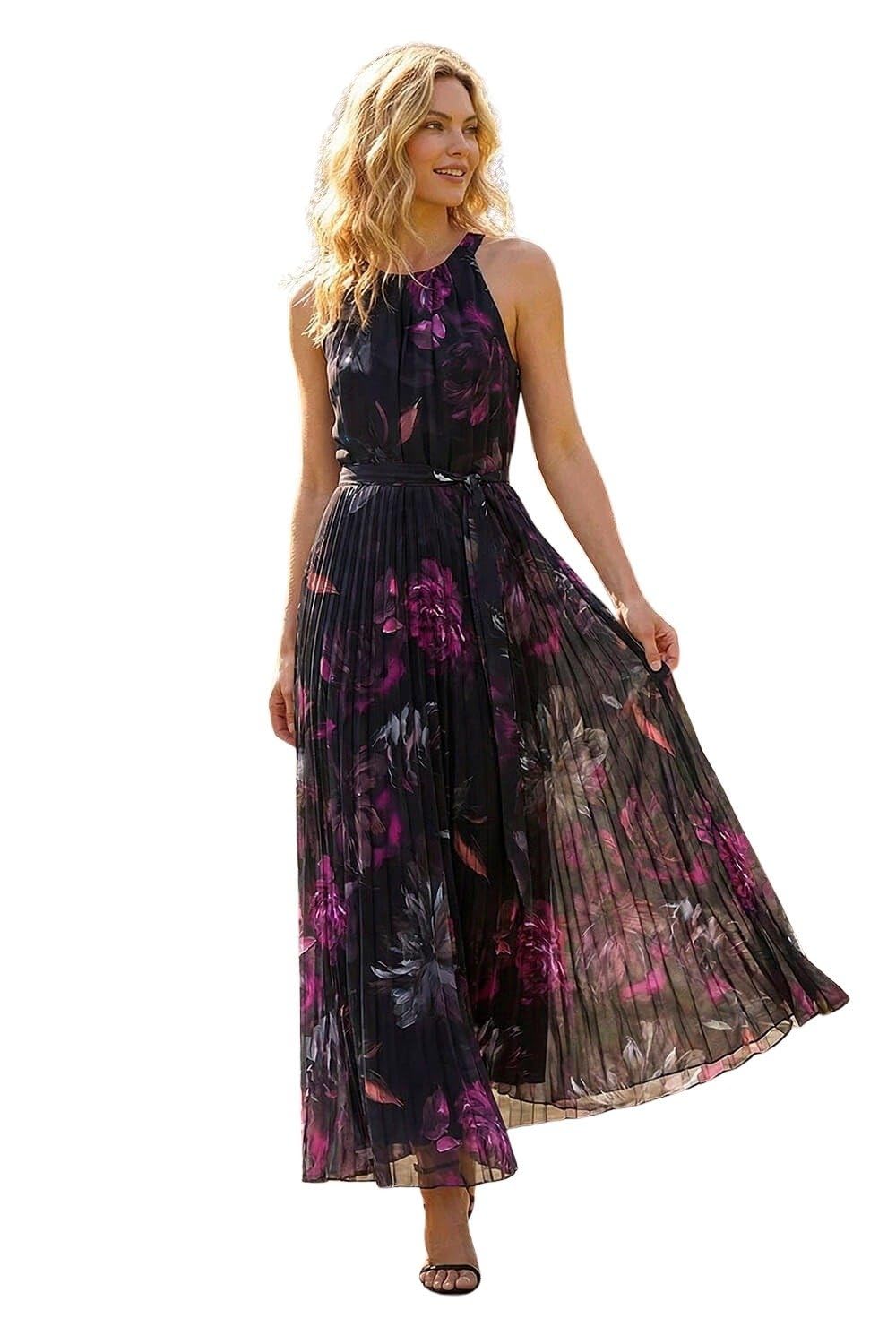 Roman Women's Black Floral Pleated Halter Neck Maxi Dress In | Size: 20