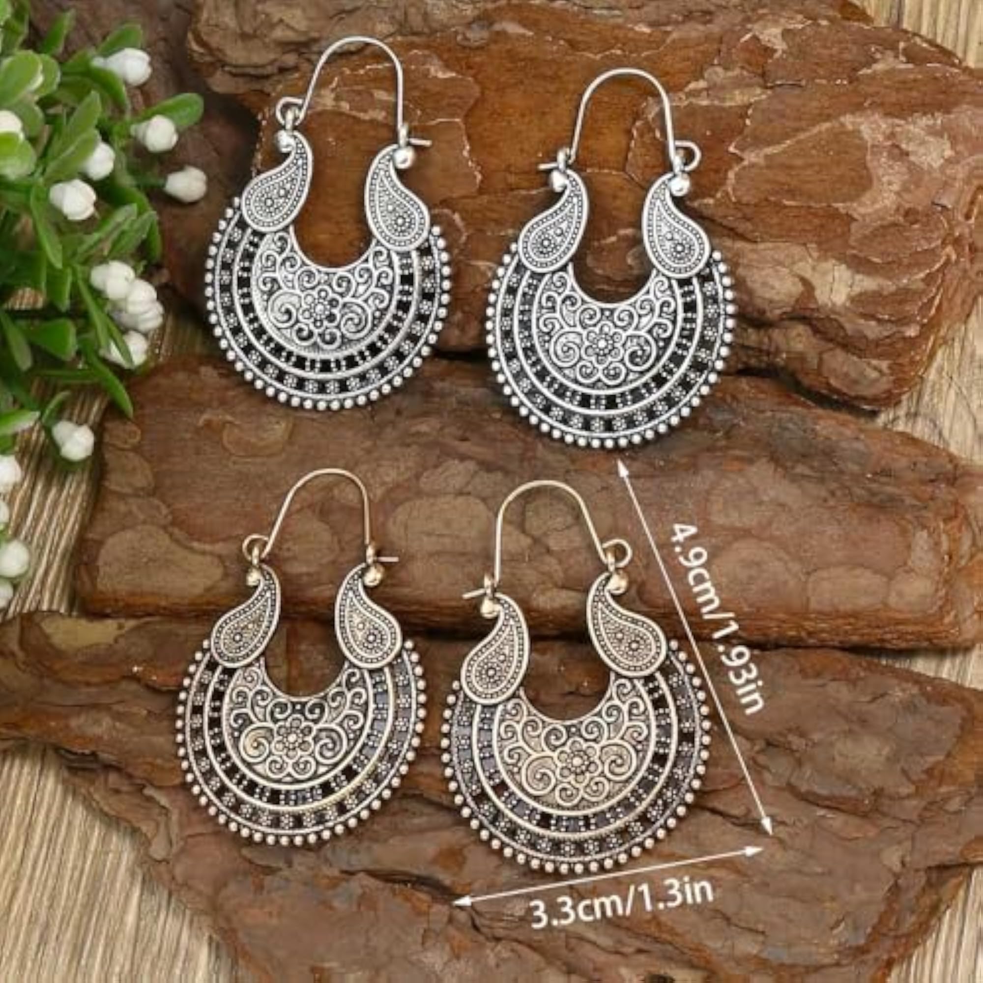 Vintage Carved Pattern Hoop Earrings, Ethnic Oxidized Earrings