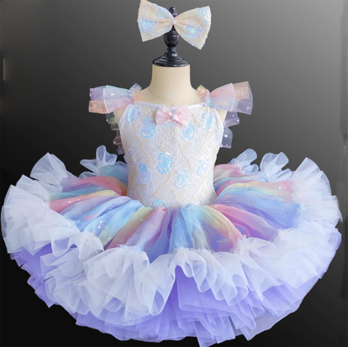 Ballerina-Kostüm für Mädchen, Tüll-Tutu, Ballett-Wettbewerbskleid | Tutu Kinderkostüm Kleiner Schwan mit Rüschenärmeln Spitze Stickerei und Pailletten