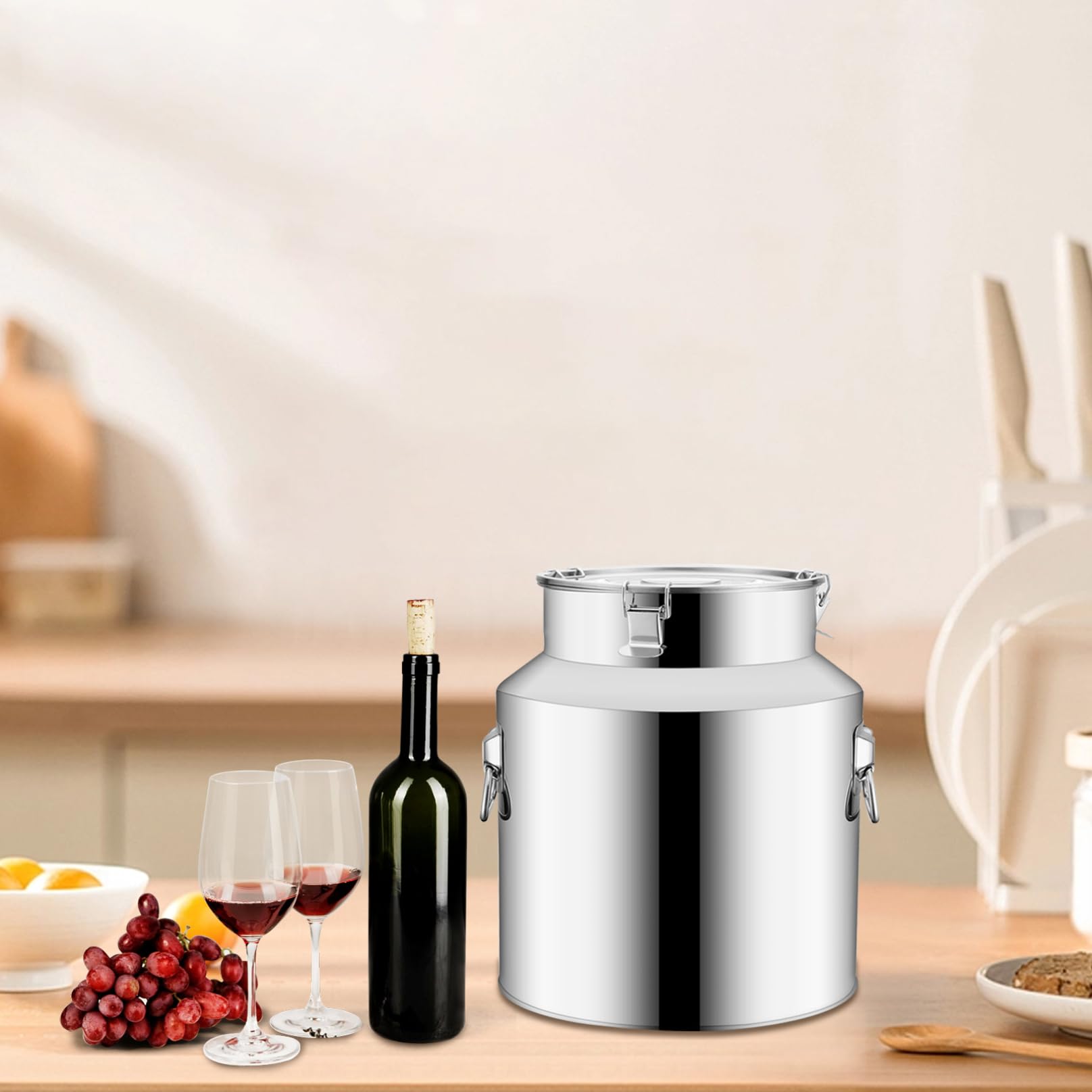 Edelstahl-Milchkanne, 9 l großer Eimer mit Deckel, Weinkübel mit Tragegriff-Schnalle, für die Lagerung und den Transport von Flüssigkeiten