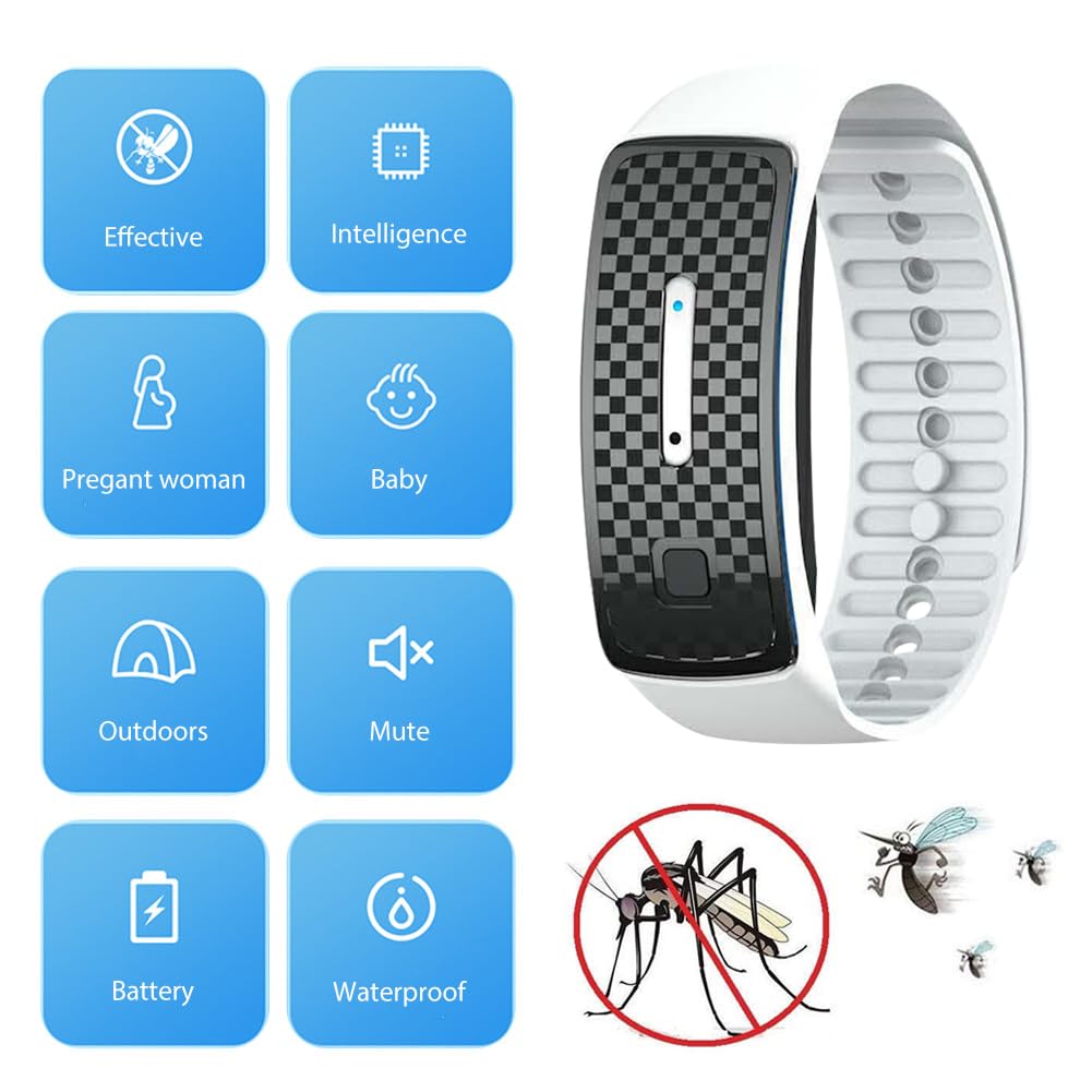 Pulsera Repelente de Mosquitos ultrasónica, 3 Modos, Pulsera para niños y Adultos, Resistente al Agua, Recargable para Acampar, Pescar, Deportes al Aire Libre (Blanco)