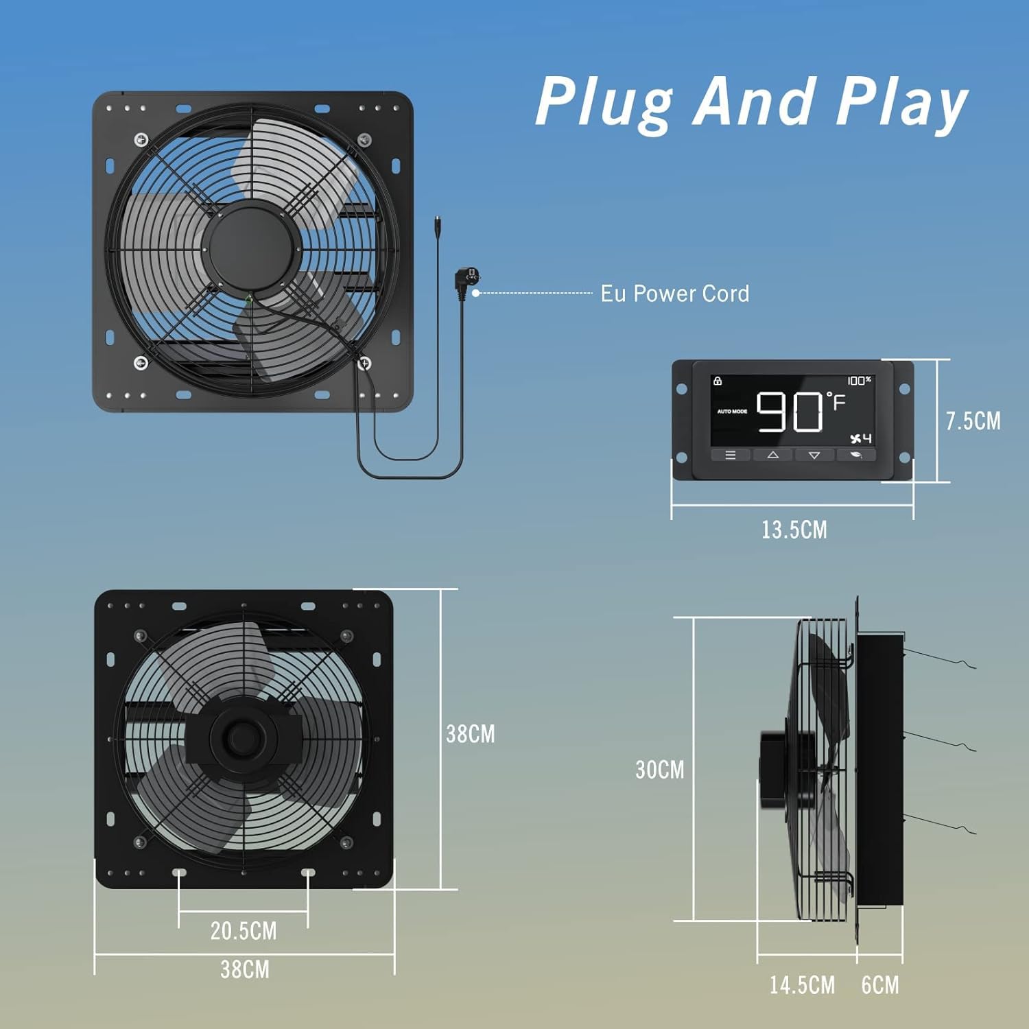 300mm Industrielle Abluftventilator mit WIFI APP & Temperatur- und Feuchtigkeitsregler, 1580m³/h Wandlüfter für Belüftung und Abluftgebläse für Gewächshäuser, Garagen Loft und Küche.