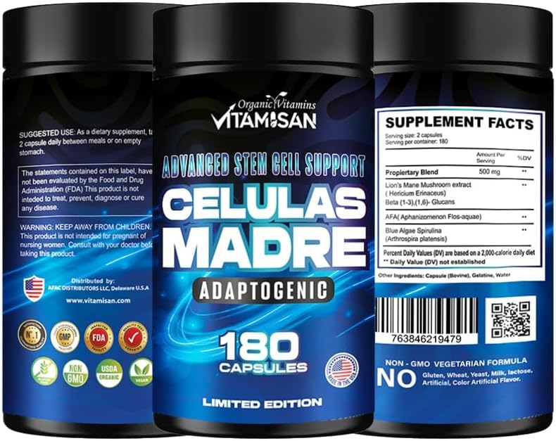 Miniatura 2 de Vitamisan Celulas Madres 180 cápsulas  Células madre Algas azules verdes  Sin OGM  Sin gluten AFA  Suplemento Celula Madre  melena de león beta