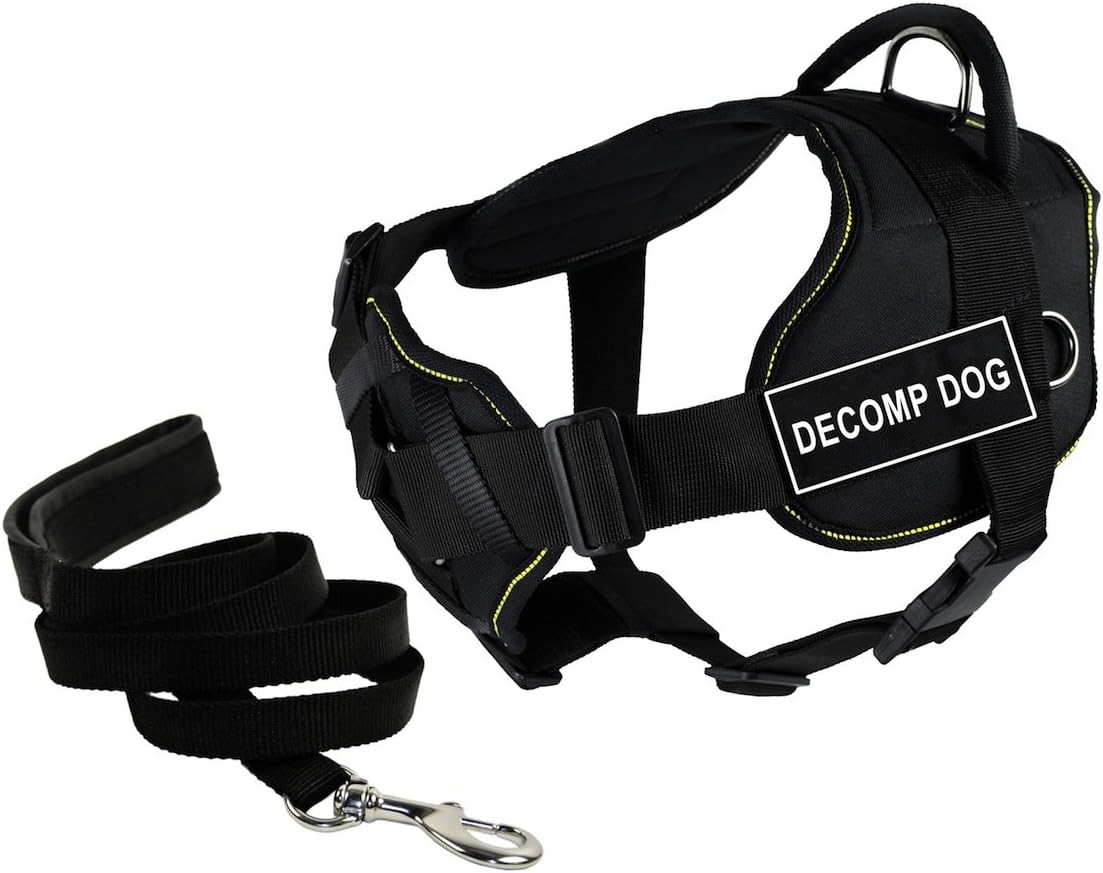 Dean & Tyler Bundle of 22 to 27-Inch DT Fun Harness with Chest Support, Small, Yellow Trim and 6-Feet Stainless Snap Padded Puppy Leash, Black, Decomp Dog