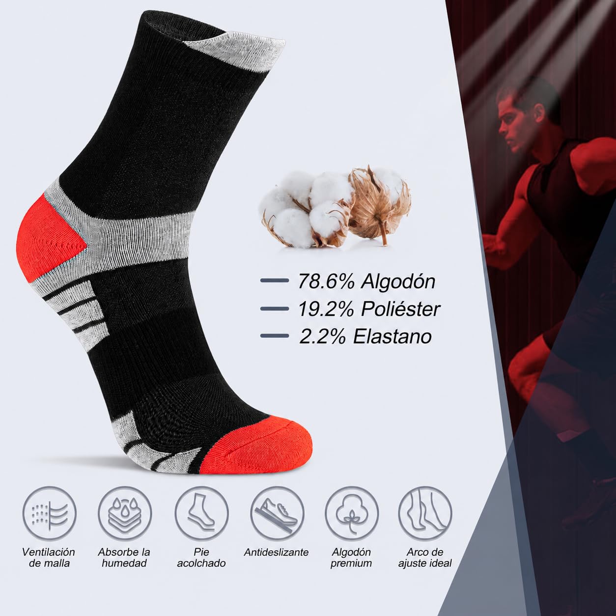 Niofind Calcetines Hombre, 6 Pares Calcetines Deporte Algodon, Anti-Ampollas, Anti-Olor, Absorbentes De Sudor, Transpirables, Calcetines Running Con Acolchado Para Correr, Trabajo, Ciclismo
