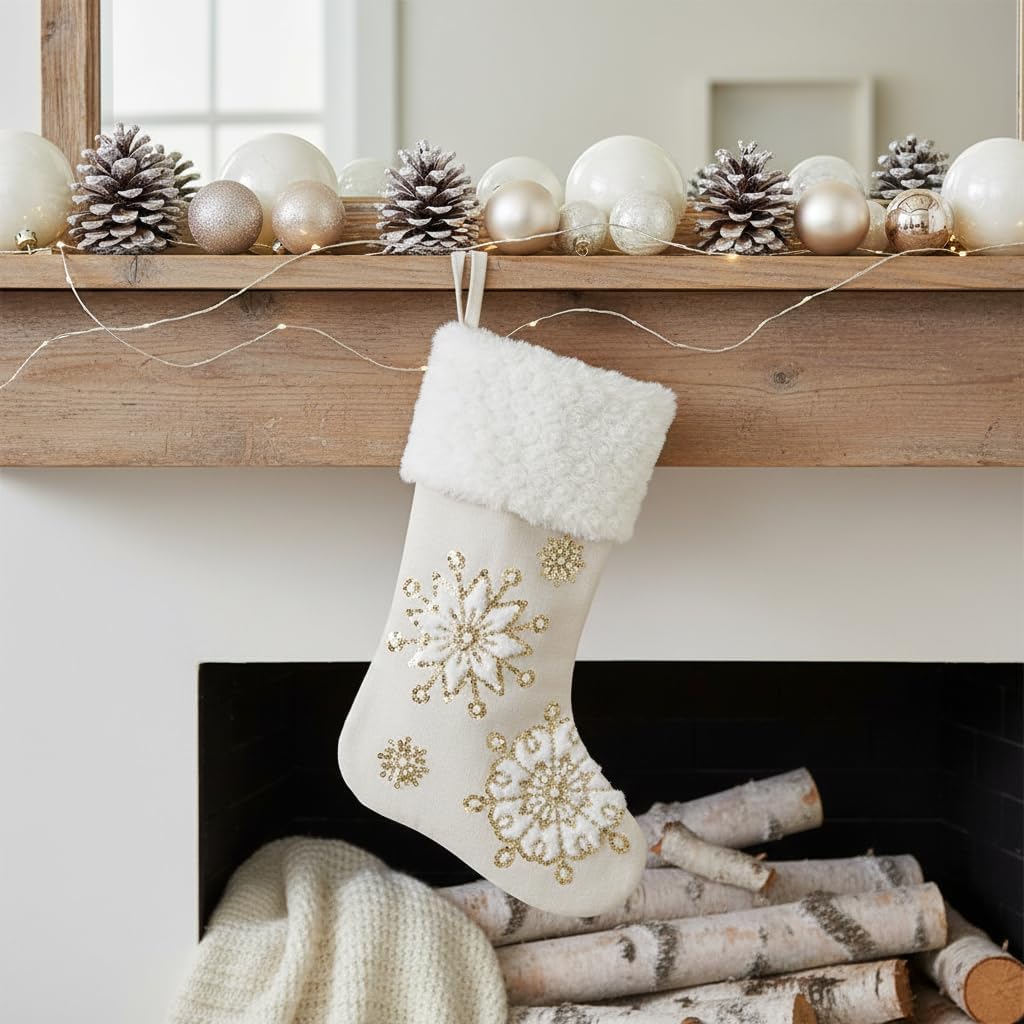 Comfy Hour 18" Gold Snowflake Christmas Stocking, Rustic Antique Vintage Style Holiday Home Decor, Sequin Embroidered Figurine Style Mantel Decoration, Cream