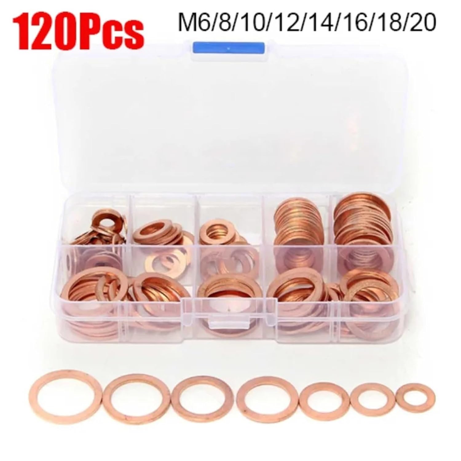 Copper Washers Assortment 120PCS Solid Copper Flat Washers & Ring Seals M6–M20 for Sump Plugs, Boats, and Hardware Tools