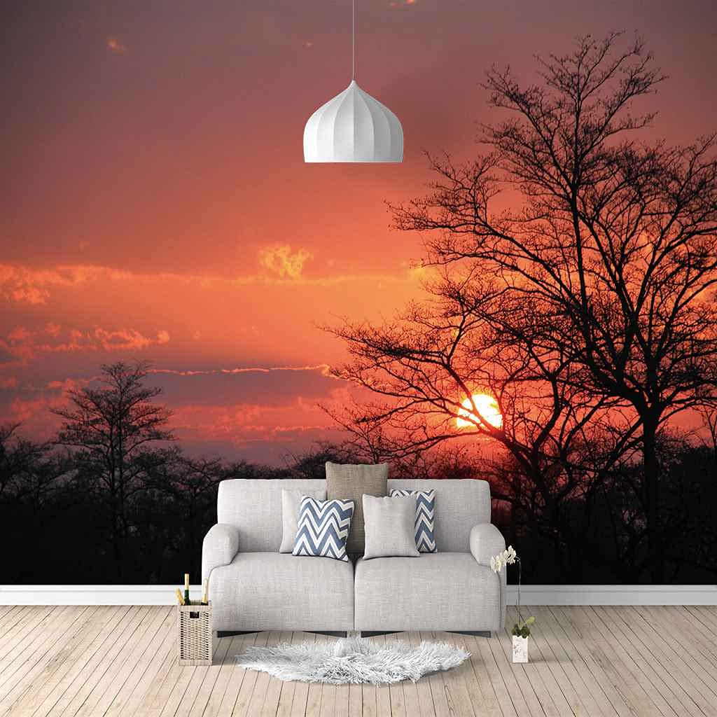 Papier peint photo paysage lever de soleil rouge panoramique trompe l'oeil 200x140 cm
