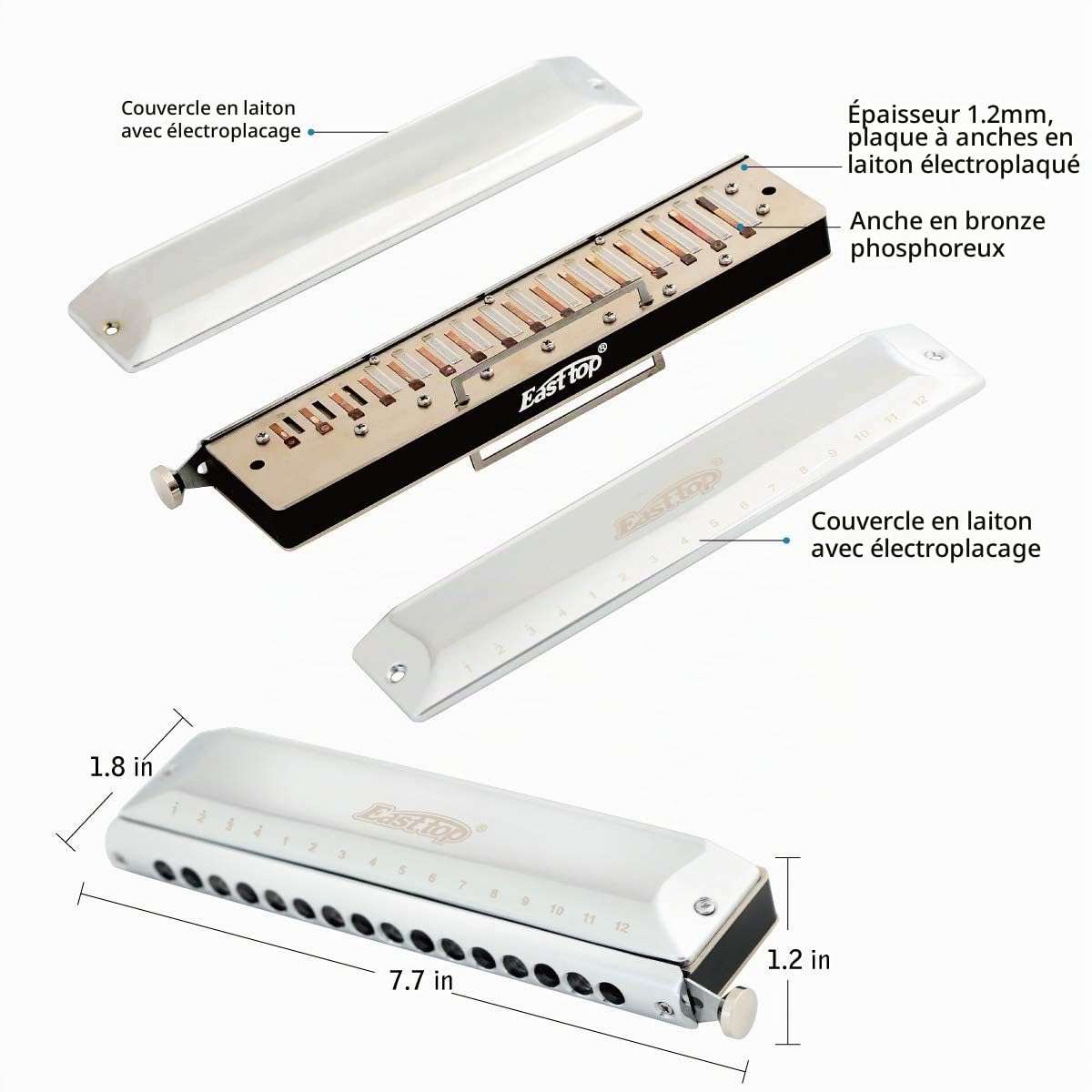 East Top 16 trous Clé d'harmonica chromatique professionnelle de 64 tonnes de C, harmonica professionnel pour adultes, musiciens de groupe et étudiants (SR)