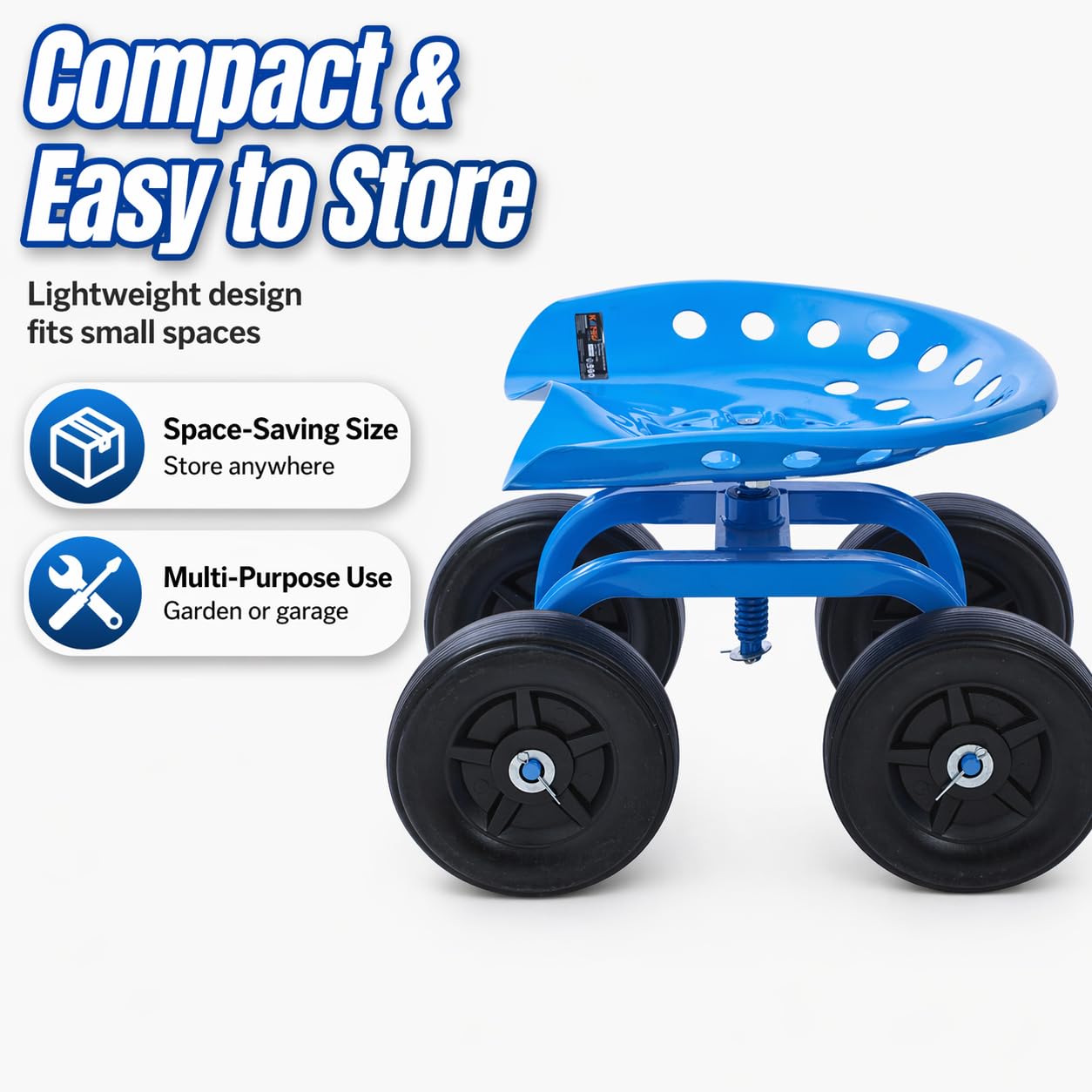 KATSU Tools Carrito de jardín rodante, taburete de taller, giratorio 360° y asiento de trabajo ajustable en altura, para tareas al aire libre, reparación de automóviles