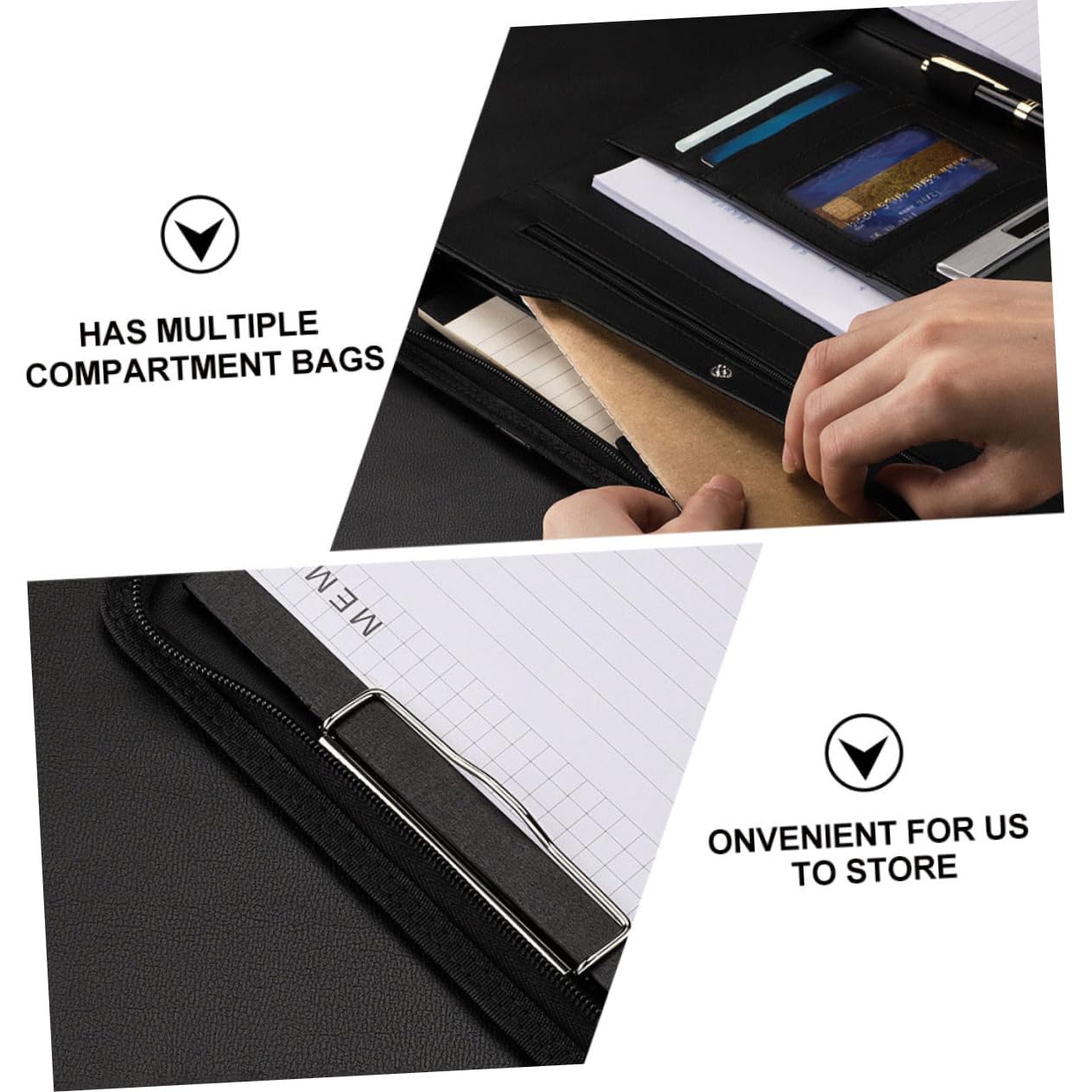 jojofuny Carpeta de Portafolios de Negocios con Cremallera Negra | Pu y Estructura Multicompartimento, Formato A4 con Cuaderno Incluido, Ligera y Fácil de Llevar