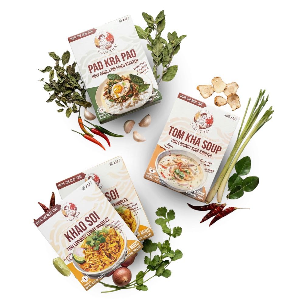 TAAN THAI Trio Bundle - Tom Kha, Pad Kra Pao & Khao Soi Meal Kits (Makes a total of 19 Servings)
