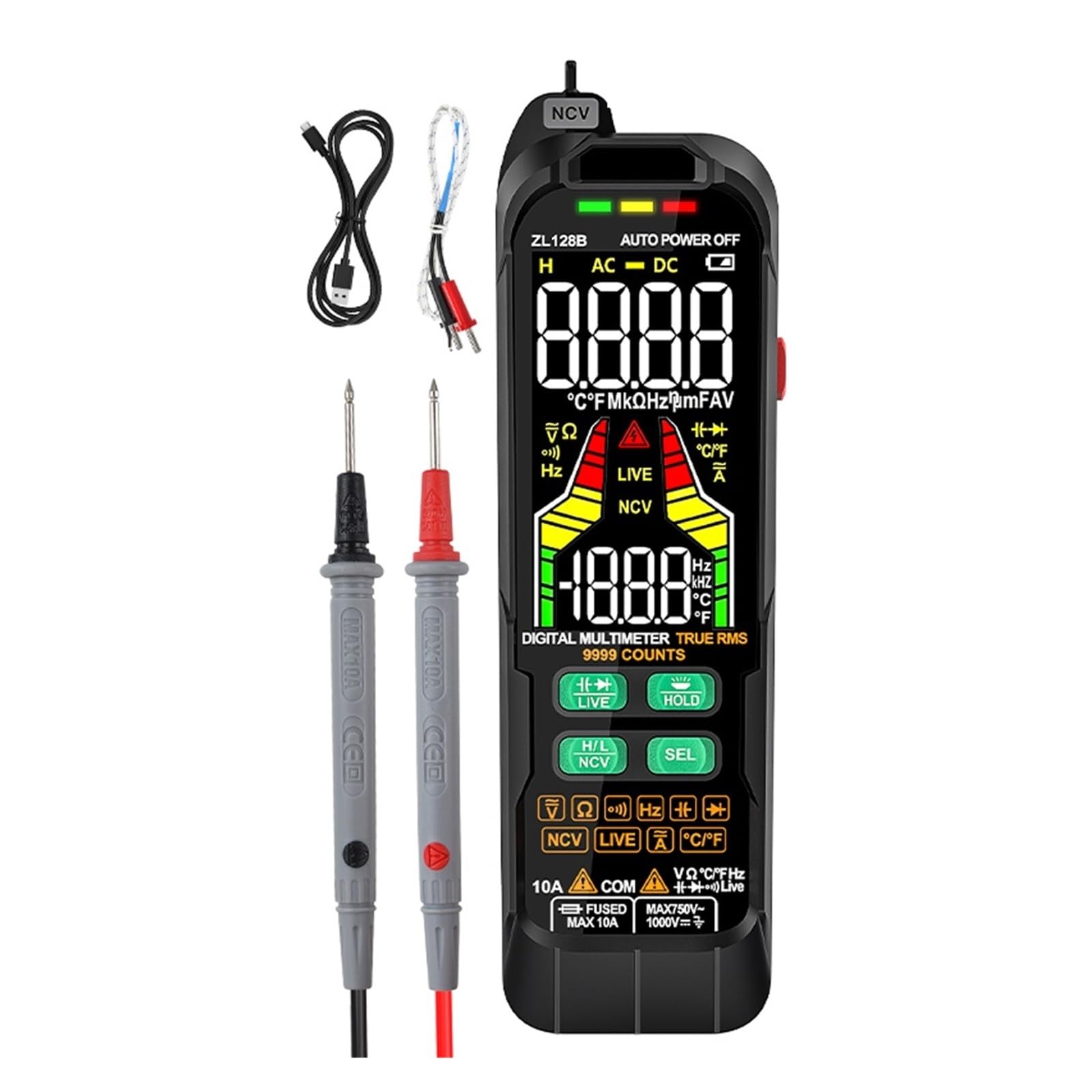 Multímetro Digital Corriente Corriente Continua Voltaje Multímetro True RMS Capacitancia Detector De Temperatura Multitester(ZL128B)