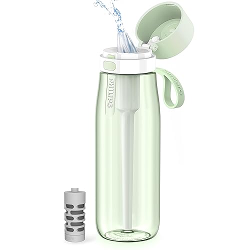 PHILIPS Filtered Water Bottle, BPA-Free Tritan Plastic Water Bottles, Replaces 450 Plastic Water Bottle with Reusable GoZero Everyday Water Filter, Portable Filtering Bottle for Travel, 22 oz, Green - Green - 22 Ounces