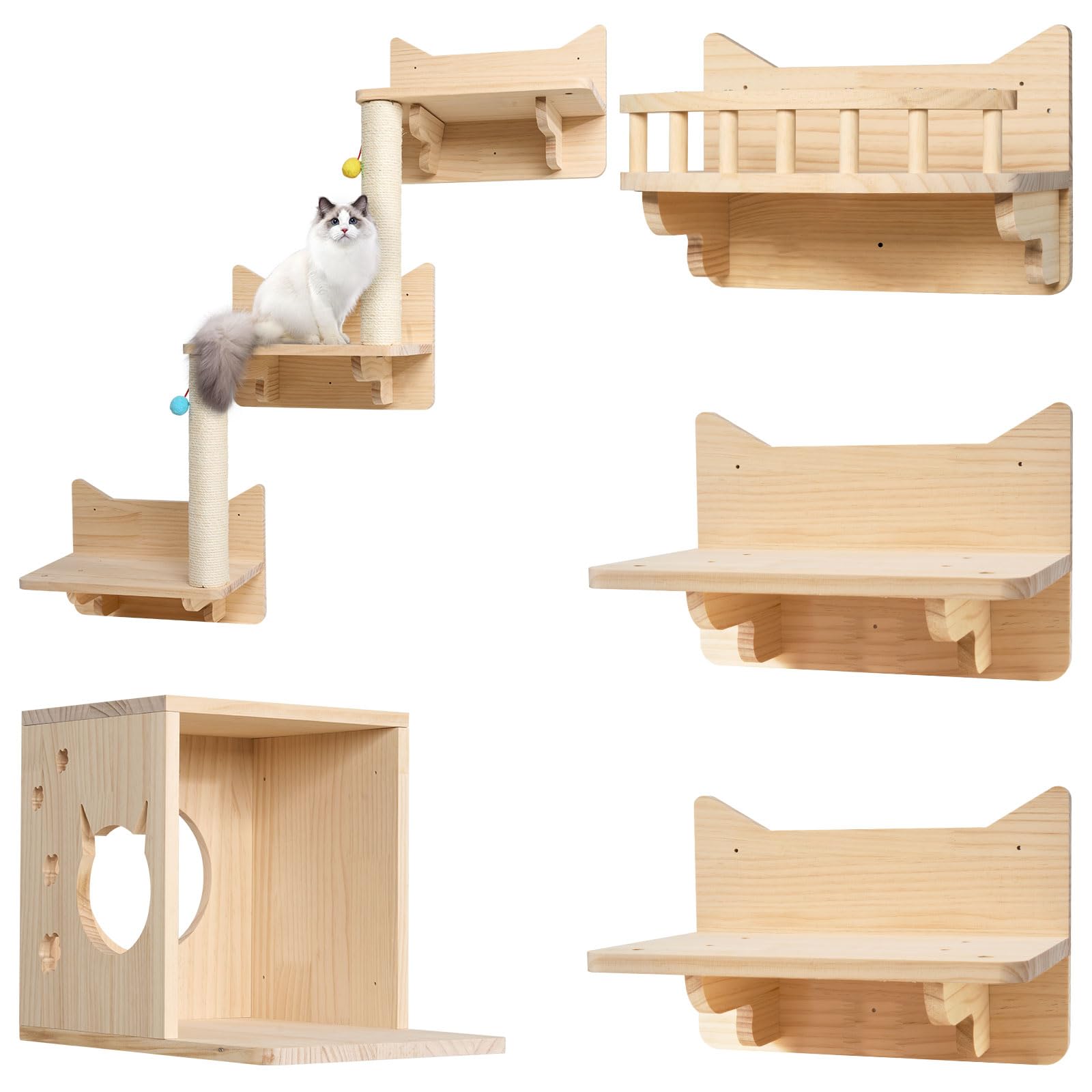 Juego de Pared de Escalada para Gatos - 5 Piezas, 3 Niveles, Escalera Con 2 Bolas de Peluche, Estable, Cama y Cueva