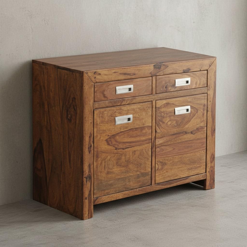 Buffet en bois massif Sheesham 90 cm, avec 2 portes et tiroirs, grand espace de rangement, idéal pour le couloir ou le salon, fait à la main