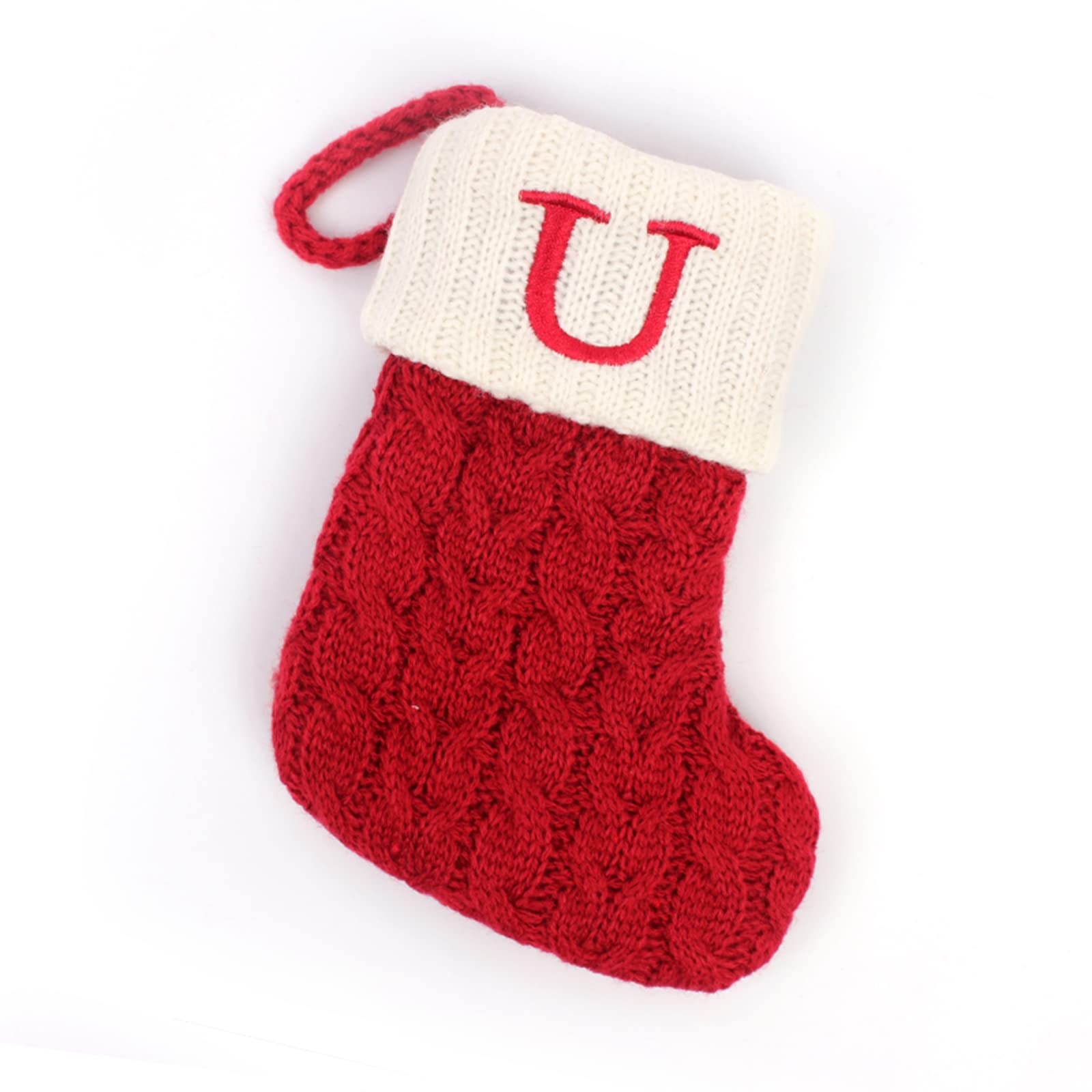 Initial Letter Christmas Stocking White Snowflake Knitted Christmas Tree Stockings Decorative Sock Hanging Ornament for Mantel Fireplace (Red U, 7inch)