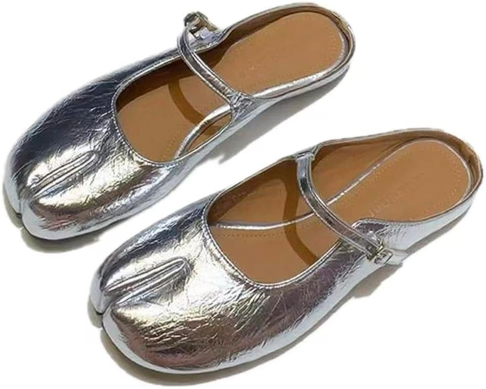 Black Tabi Shoes Mary Janes Ballet Flat for Women, Round Toe Retro Loafers, Split Toe Orthopedic Strips Slip-On Fall Mules