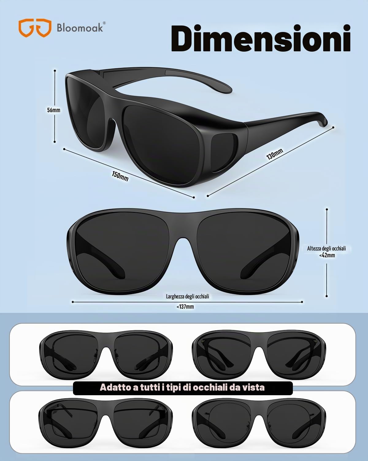 Bloomoak Super Dark Lens Polarized Fit Over Wraparound XL Occhiali da sole grandi per occhi sensibili all'emicrania | Extra Large 150 mm