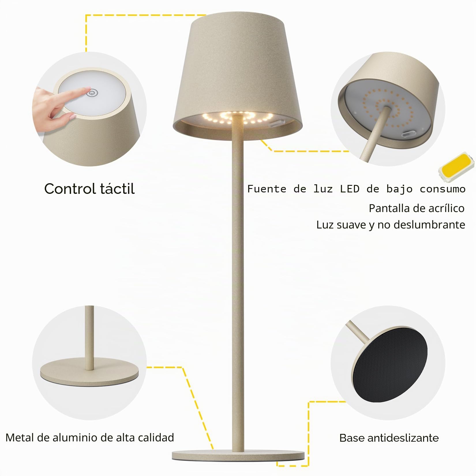 K-Bright 4 piezas Lámpara de mesa LED regulable, recargable, 2700K luz cálida, lámpara de mesa inalámbrica IP54 resistente al agua, jardín, balcón(Beige duna)