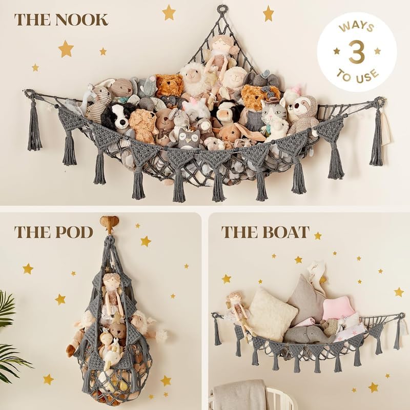 Boho-Chic Macrame Toy Hammock – Decorative Nursery Storage with Warm Fairy Lights & Plush Companions