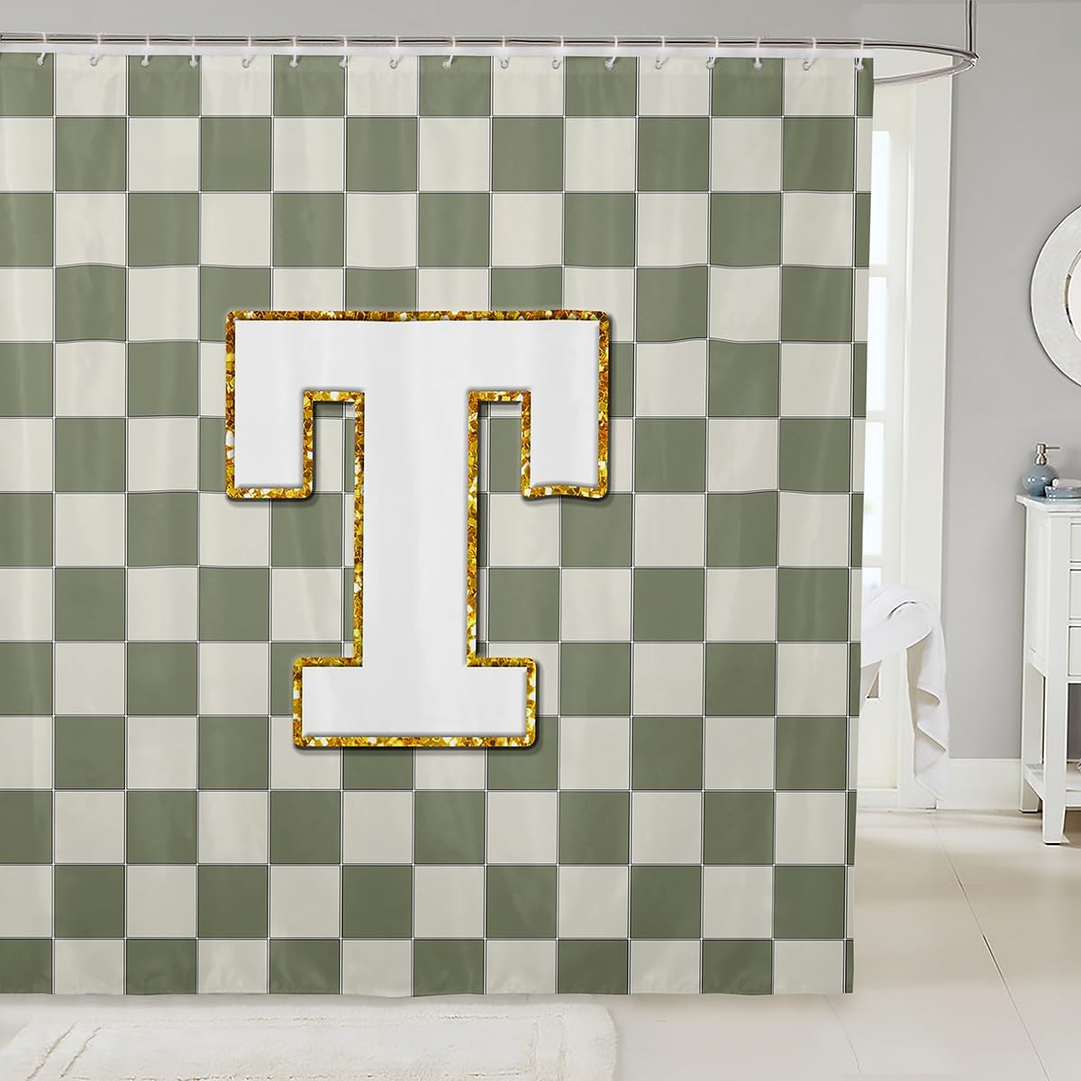 Erosebridal Sage Green Checkered Bathroom Curtain Plaid Initial T Shower Curtain 72" Wx84 L Personalized Monogram Bathroom Accessories for Kids Adults,Fashion Grids Gingham Shower Decor