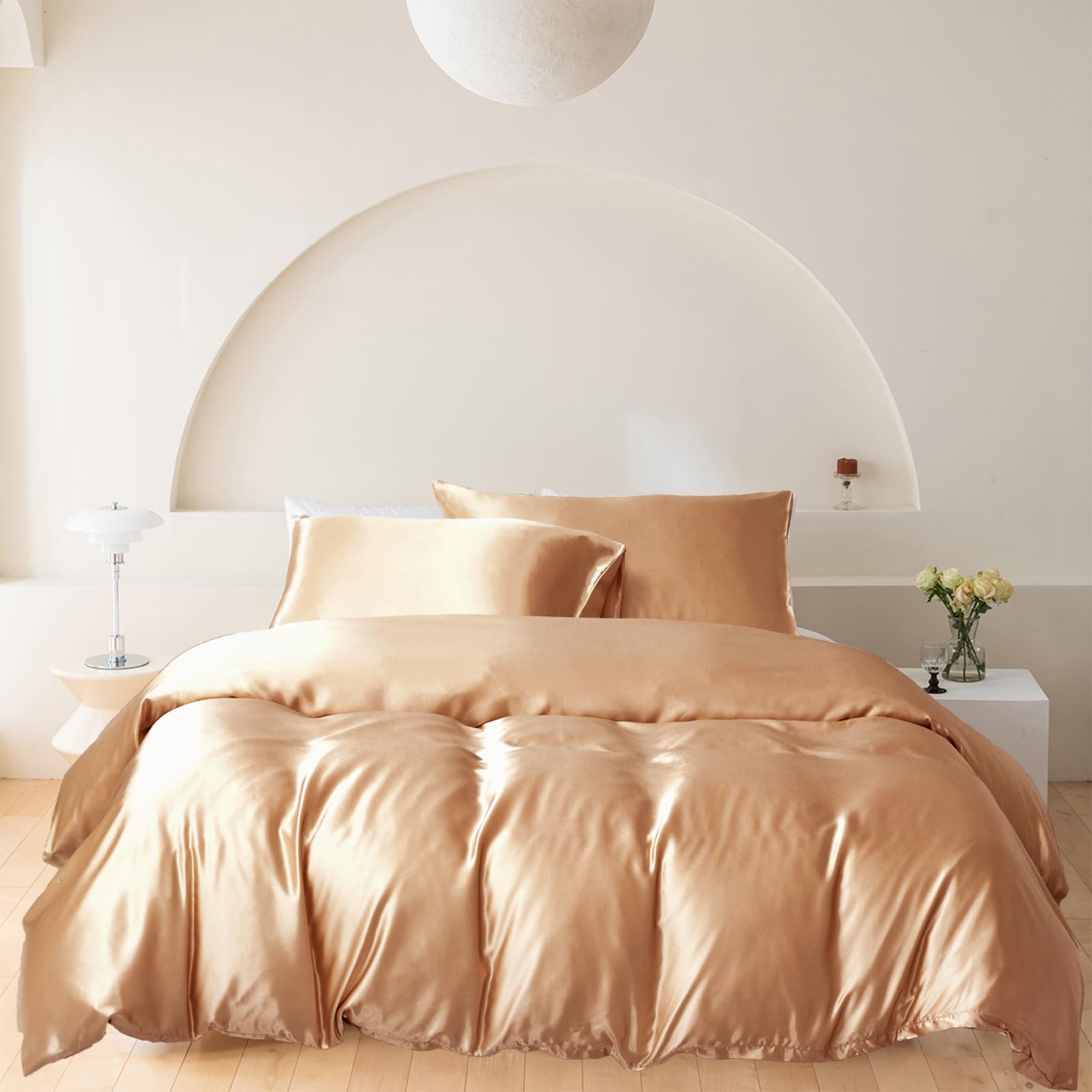 Set Copripiumino in Raso Matrimoniale 220x240 Marrone Biancheria da Letto in Raso Setoso Set di Seta Lusso Tinta Unita Poliestere Lucido Copripiumino Letto 220x240 cm con Federa