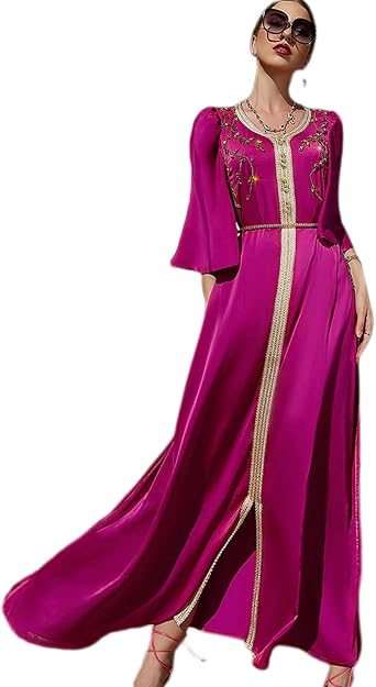 OBEEII Womens Moroccan Muslim Abaya Dress Elegant Floral Embroidery Kaftan Maxi Dress Islamic Dubai Ramadan Prayer Clothes