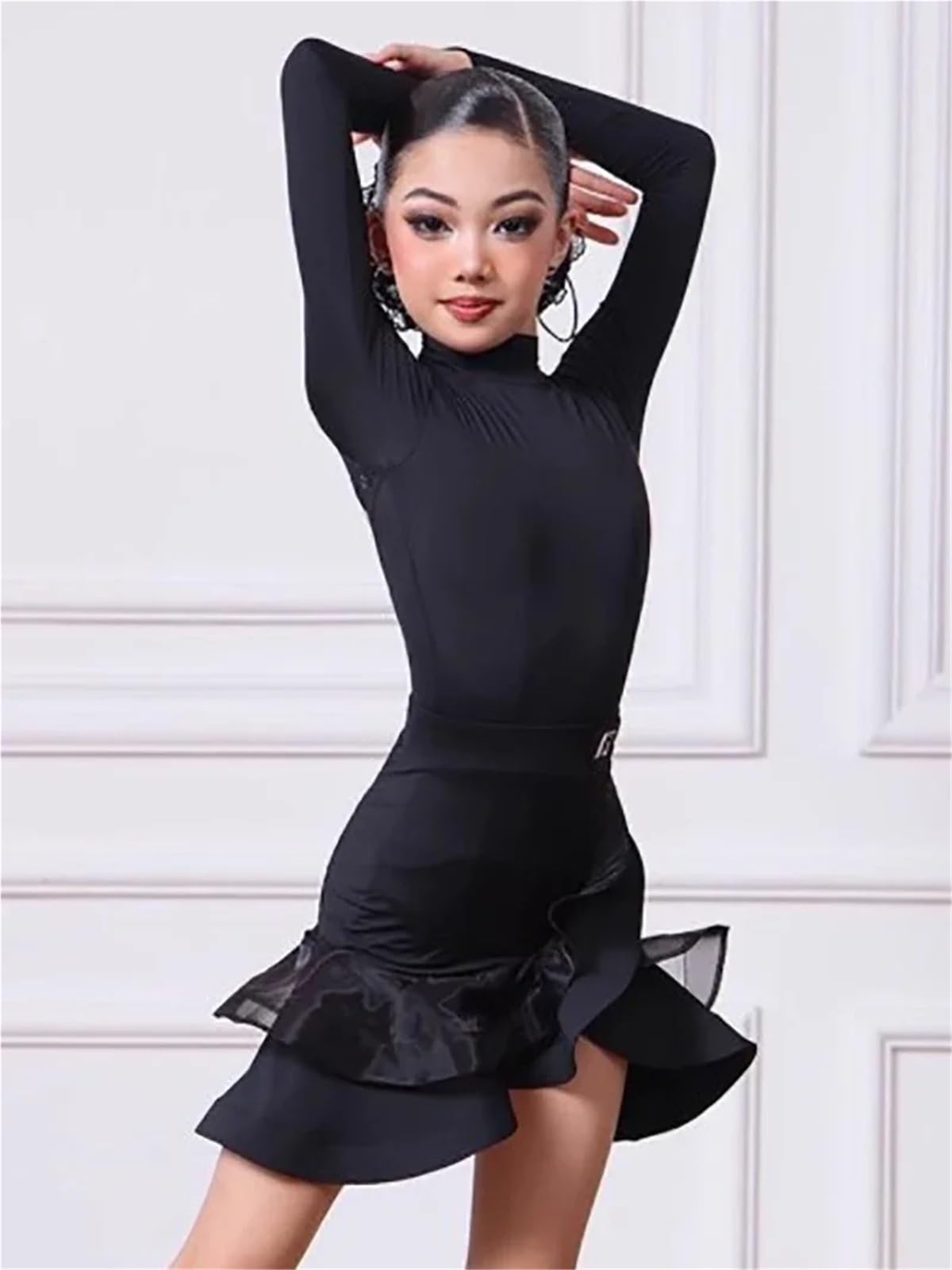 Vestiti da Ballo Latino Americano Uniforme da Ballo Latino for Ragazze, Abito Competizione con Schiena Scoperta e Maniche Lunghe in Rete, cha-cha, Samba Rumba, Sala