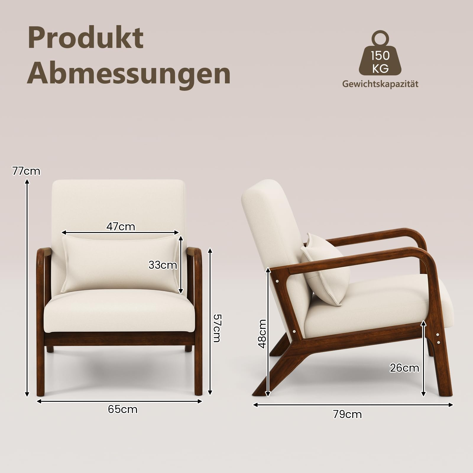 GIANTEX Mid Century Accent Chair, Innere Freizeit Stuhl mit gepolstertem Sitz & Rücken, gepolstert Gummi Holz Sessel mit Lendenkissen, Lounge Stuhl für Schlafzimmer (Beige)