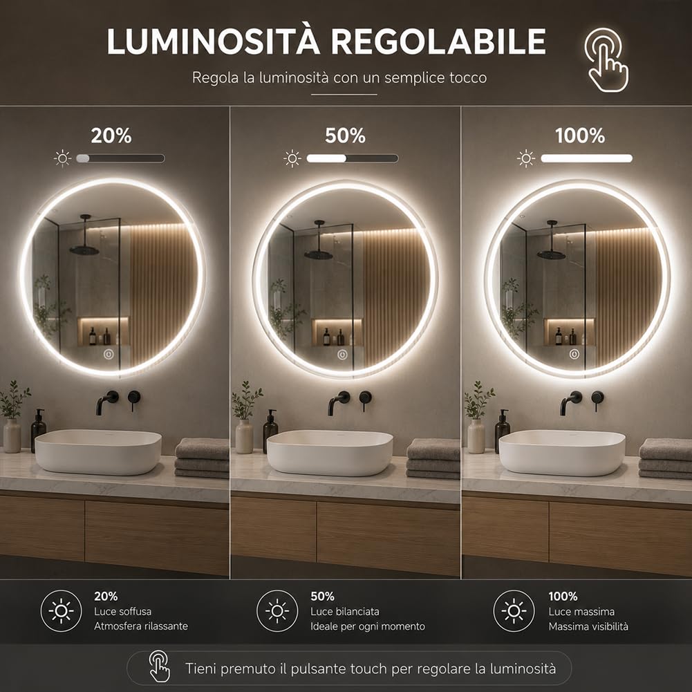 Shally Dogan Specchio Tondo da Parete con Led Dimmerabile a 3 Colori, Bianco Freddo, Caldo e Naturale, Accensione con Touch, Decorazione da Muro Design Moderno e Salvaspazio