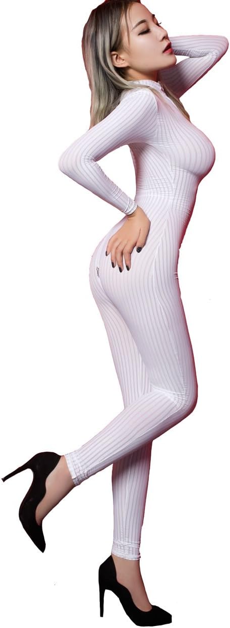 Sexy Bridal White Front Zip Vertical Stripes Spandex Zentai Catsuit Bodysuit Night Club Costume