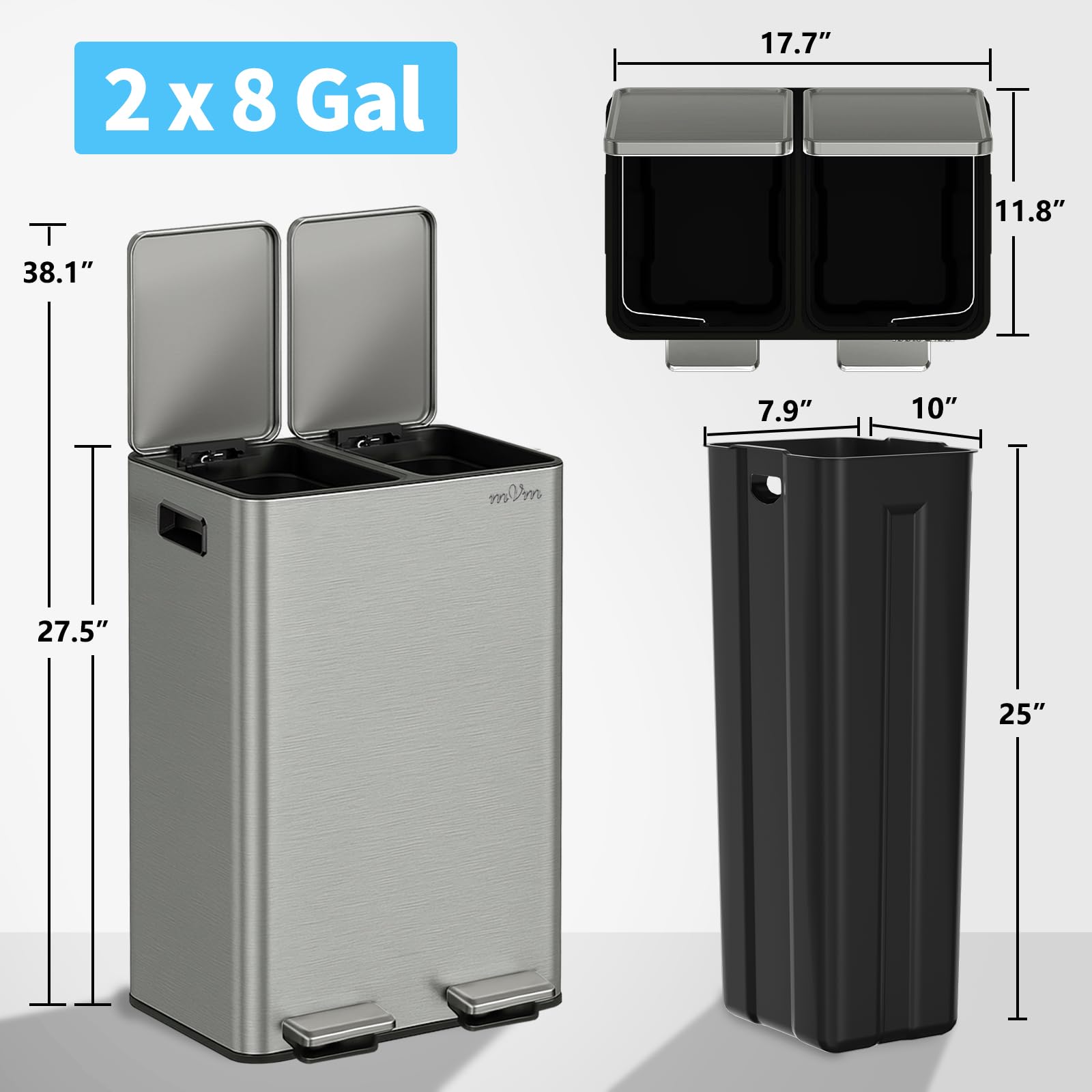 mVm 60L Dual Garbage Can, 2 x 30L Kitchen Trash Can with Steel Lid