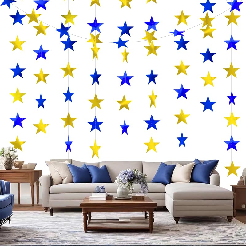 Image of Blue Gold Shining Star Hanging Garland Blue Gold Hanging Sparkling Star Streamer Glitter Bunting Banner Twinkle Backdrop for Wedding Baby Shower Birthday Christmas Decorations 40 Feet
