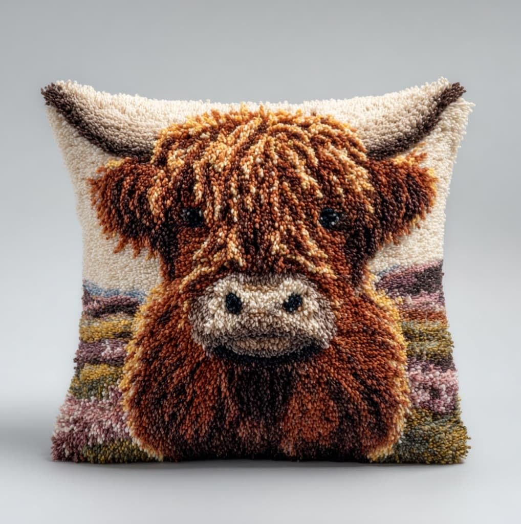 Henypt Latch Hook Cushion Kit 43x43cm,Highland Cattle Beginner Friendly Needlecraft Set,Adult Craft Hobby kit,Easy Latch Hook for Home Decor,