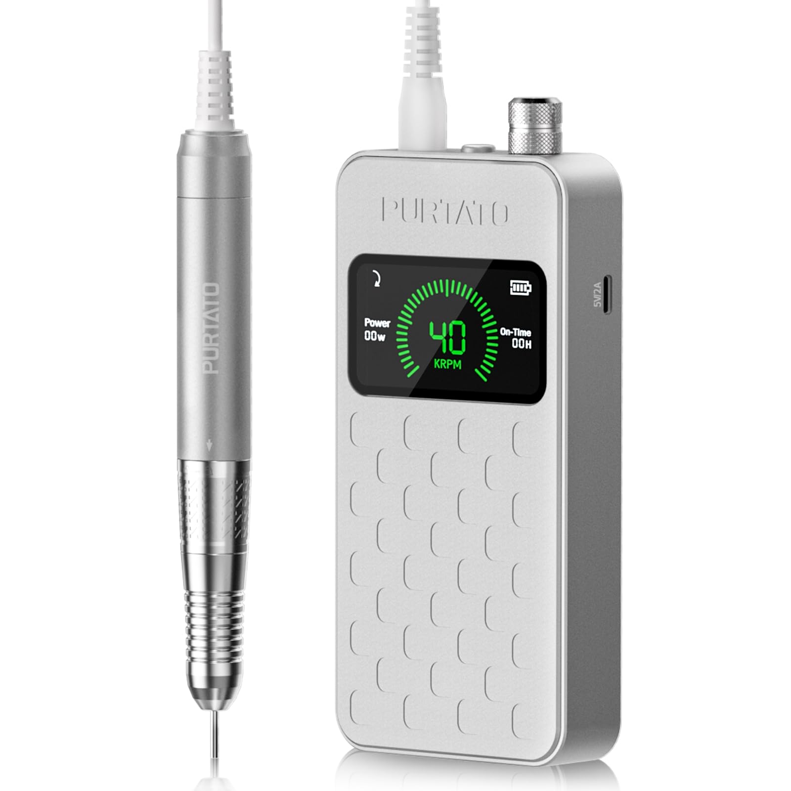 Photo 1 of PURTATO - Professional Nail Drill Machine - Brushless Motor Nail File - Electric, Cordless, Aluminium Alloy Casing, 40000 RPM, HD Display - Perfect for Salon & Home Use (Sliver)