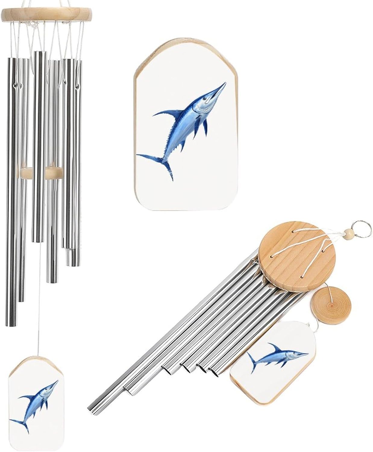 Blue Marlin Fish Memorial Wind Chimes with 6 Aluminum Tubes for Outside Deep Tone Garden Hanging Decor