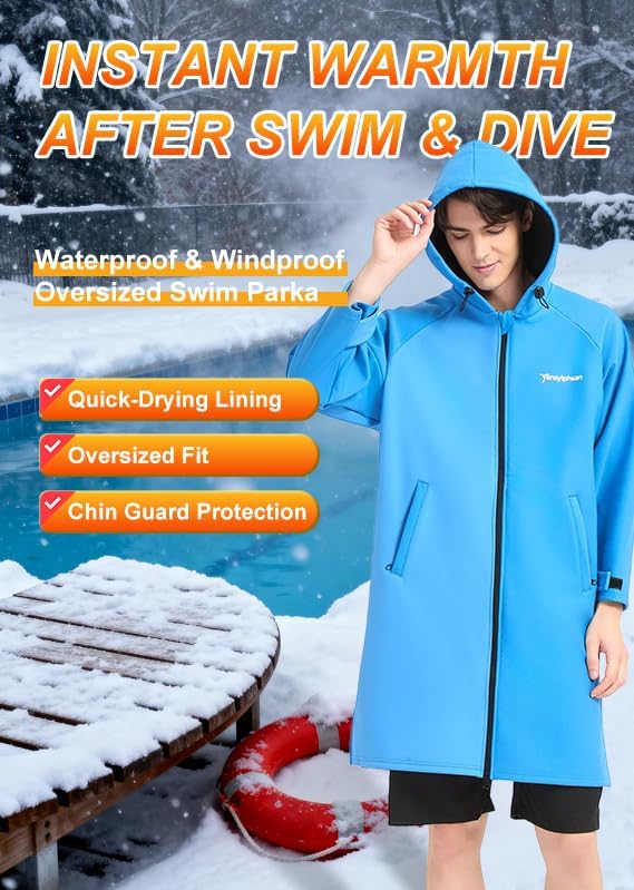 Waterproof Swimming Parka, Windproof Fleece Lined Surf Poncho Coat, Water Resistant Oversized Jacket for Swimming - Image 4
