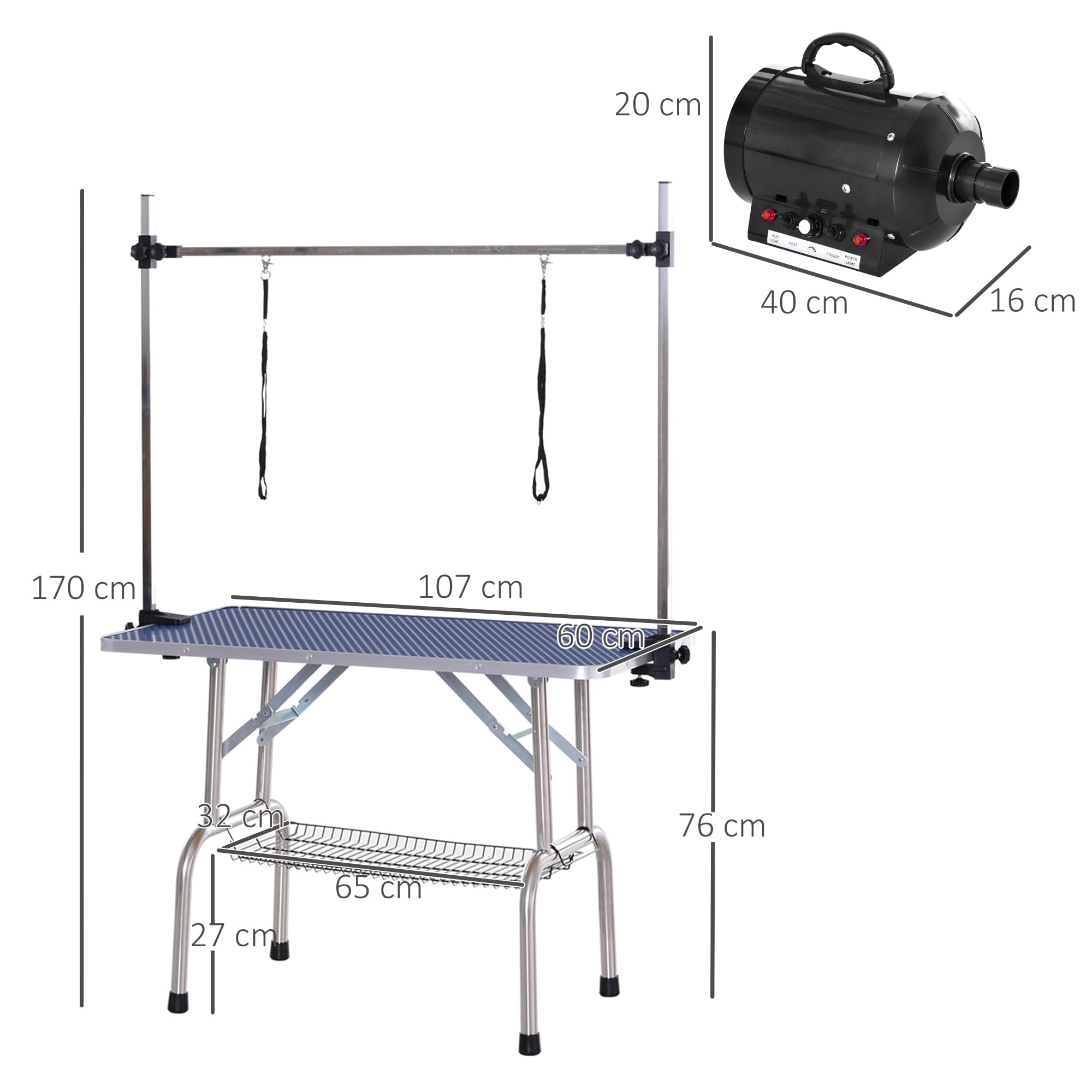 PawHut Conjunto para Mascotas Juego de Secador de Pelo para Perros 2800W y Mesa de Peluquería para Mascotas Plegable con Altura Ajustable 40x16x20 cm 107x60x170 cm Negro y Azul