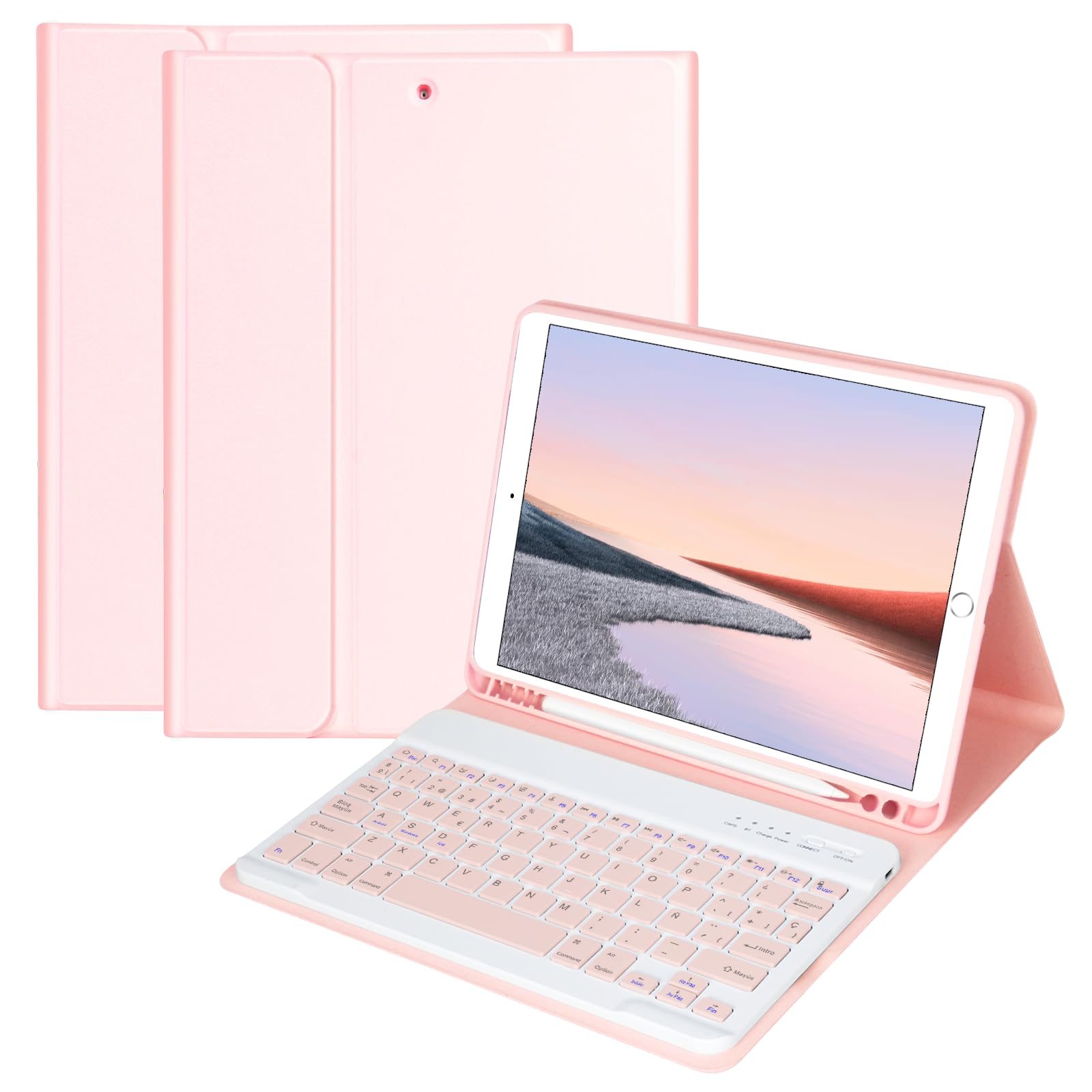 HOTLIFE Funda con Teclado para iPad 10.2 9th Gen 2021/iPad 8th 2020/iPad 7th 2019, Español Ñ con Inalámbrico Desmontable Teclado (QWERTY) para iPad Pro 10.5 2017/iPad Air 3 10.5 2019(Rosa)