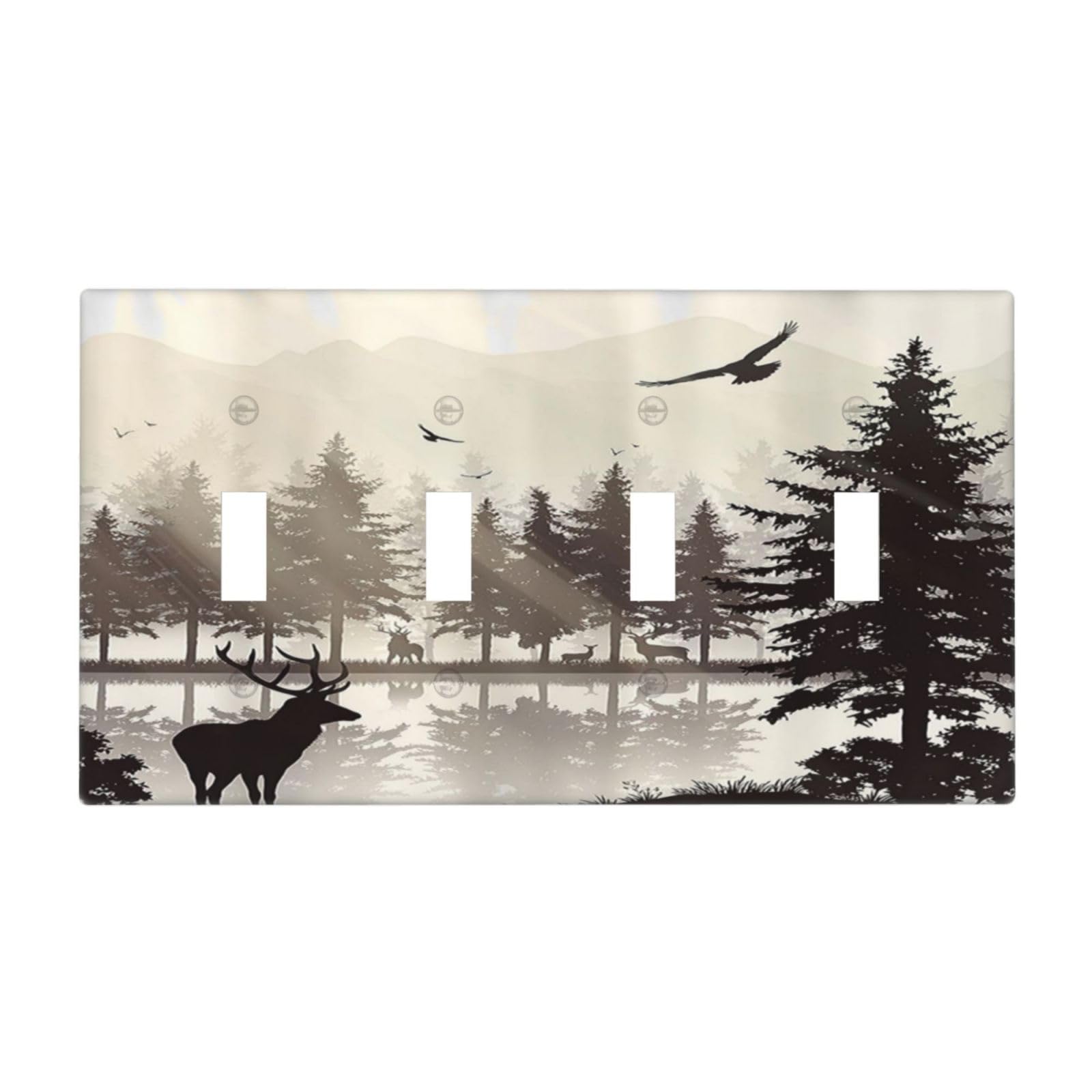 Misty Forest Deer Mountain Tree Black Woodland Lake Nature 4 Gang Light Switch Plate Cover Quad Toggle Wall Plate Electrical Faceplate Decorative