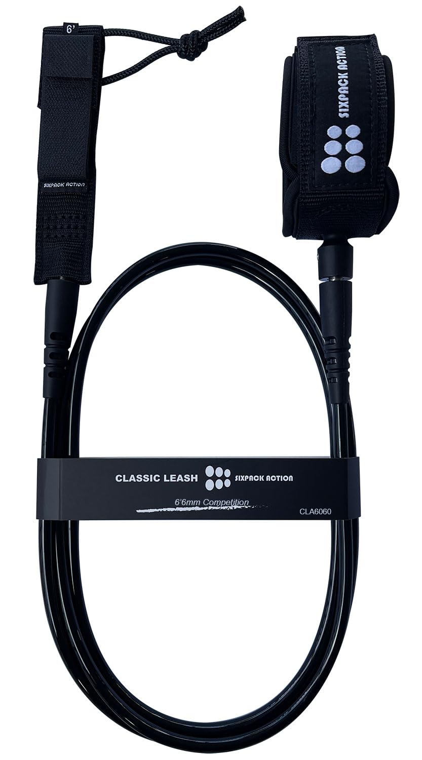 SIXPACK ACTION Classic 6ft 6mm Comp Surfboard Leash, Surfing Leash, Leg Rope with Superior Anti-Slip Cuff and Flexible Horn Connector (Black, 6ft 6mm)