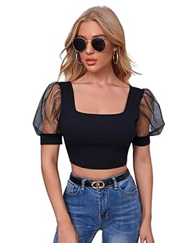 Womens Tops Square Neck Puff Sleeve Top(Black,X-Small) at