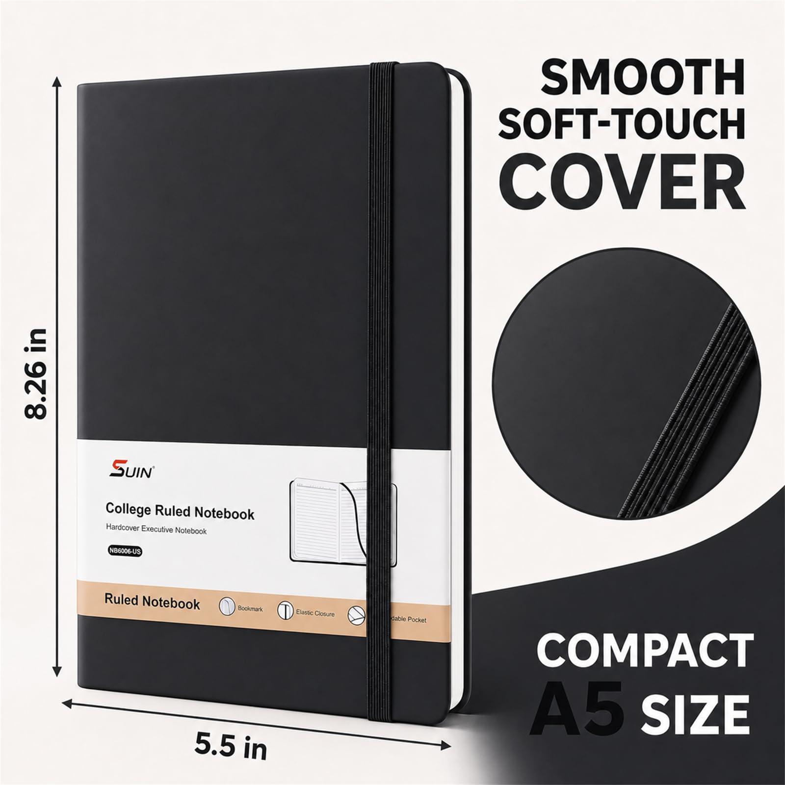 SUIN Notizbuch, A5, Hardcover, liniert, 200 Seiten, Schwarz, 1 Packung