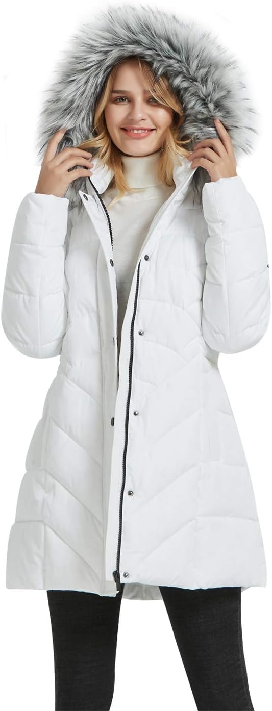 BINACL Big Hooded Down Alternative Coat, Thickened Spring Chevron Long Lined Sandstone Active Jacket with Fur Trim Puffer Soccer Cotton Padding Jackets Exquisite Valentine Gift for Girlfriend(White,S)