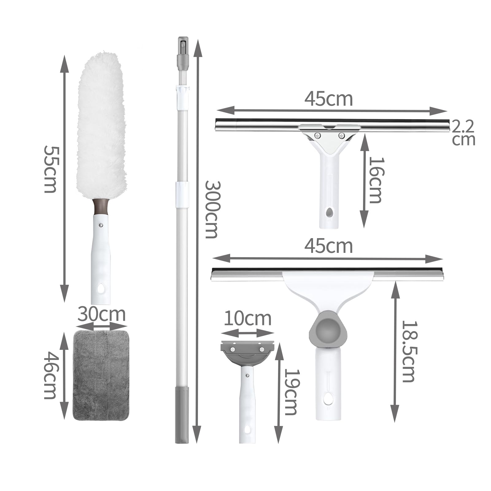 Limpiacristales Profesional,con,telescópico Mango,rascadora 45cm,Plumero 55cm,Kit De Limpieza De Cristales para Ventanas Altas, Ducha, Vidrio, Automóvil (300cm)
