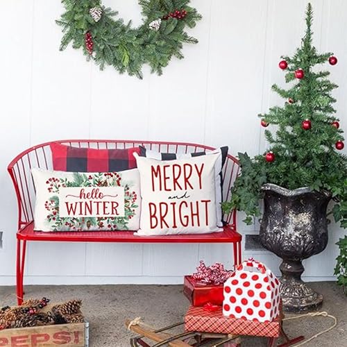 Miniatura 4 de PANDICORN Fundas de almohada de Navidad de 12 x 20 pulgadas, diseño de eucalipto, vegetación roja, muérdago, bayas, decoraciones navideñas,