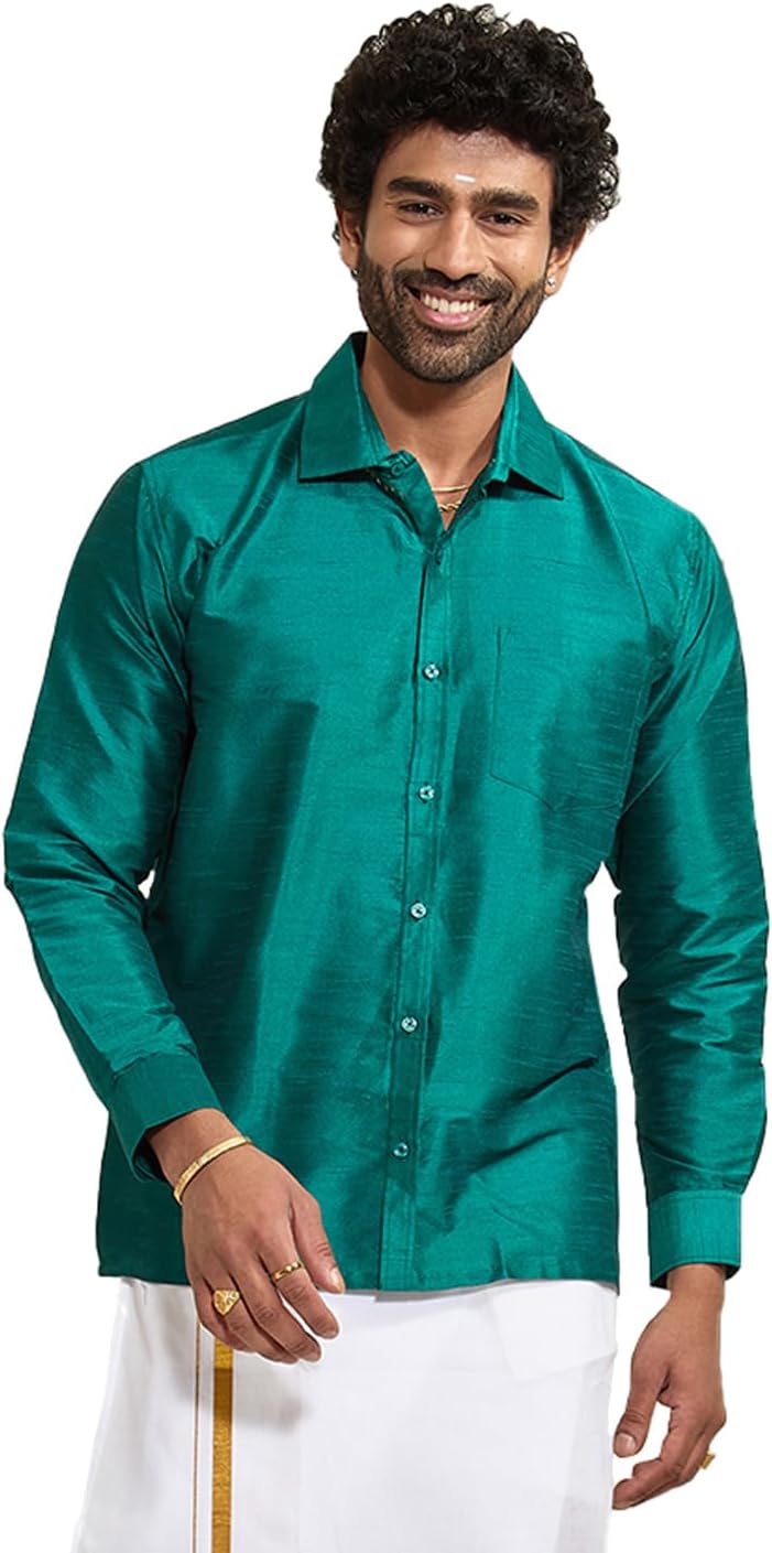 Vastramay Men's Silk Blend Ethnic Shirt | Full Sleeves South Indian Traditional Shirt | Festive, Wedding, Casual Wear