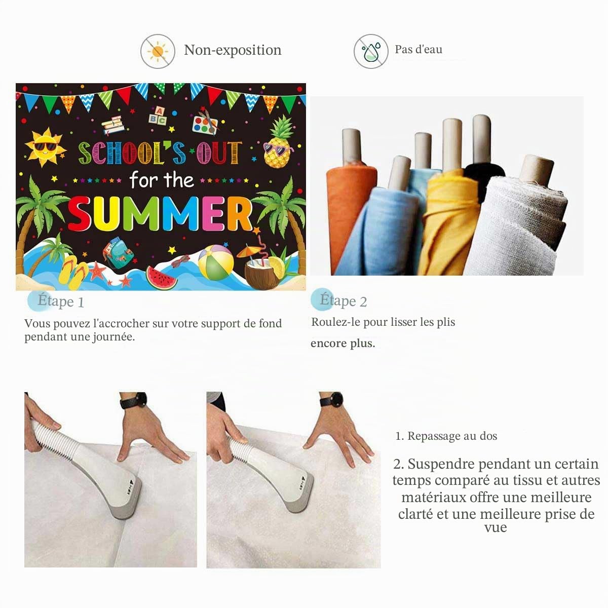 Toile de fond pour l'école - Décoration de fête de fin d'école - Fond de plage pour enfants - Vacances d'été - Décorations de fête - Bannière de décoration de table de gâteau (2,4 x 1,8 m)