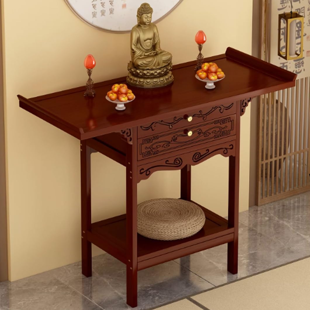 YVYKFZD Bamboo Shrine Altar Table, Personal Buddha Niche Altar Cabinet, Chinese Cabinet Meditation Tables with Storage Drawer, Simple Offering Table for Puja Prayers(Red,50x33cm/19.6"x12.9")
